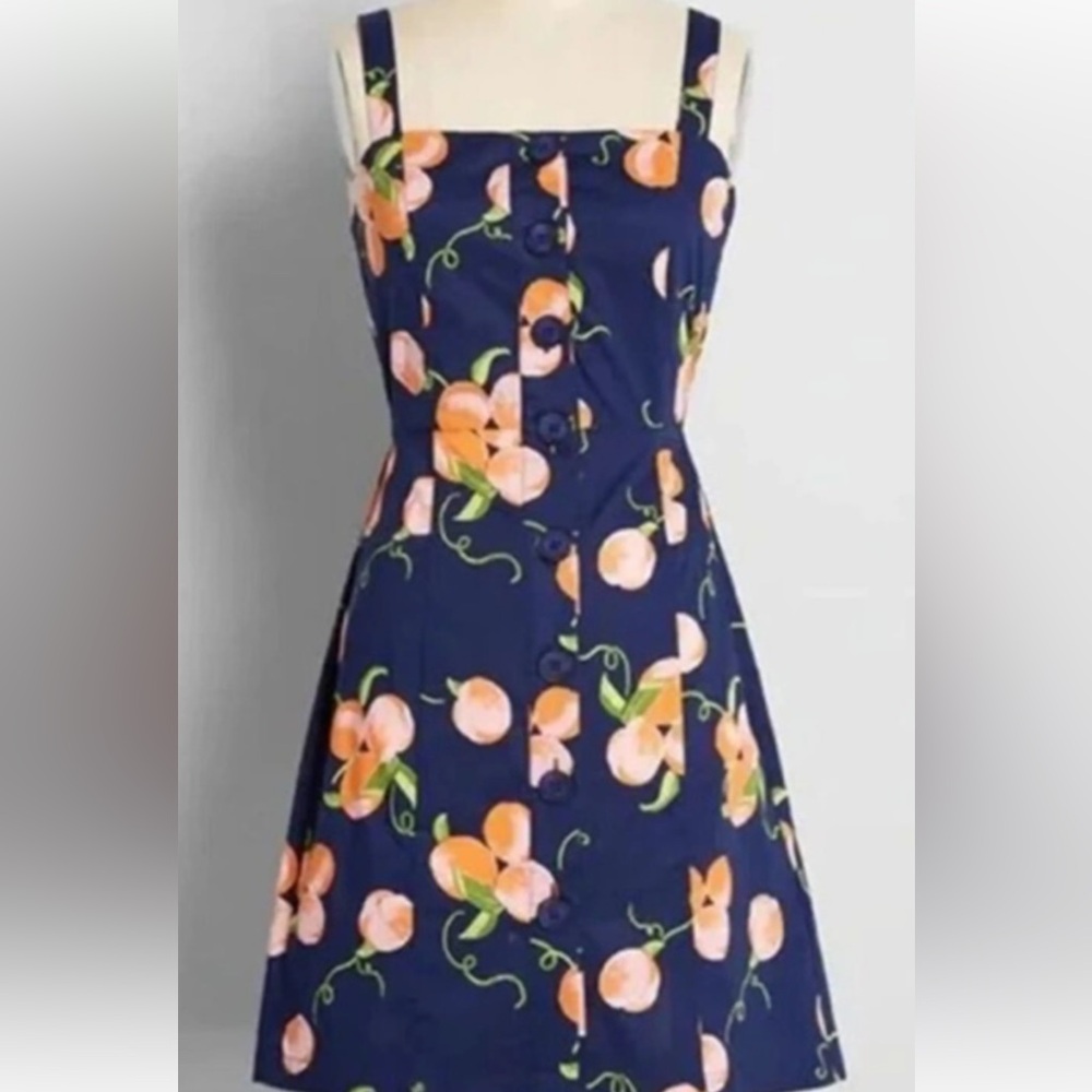 NWT Modcloth ERA Summer Appreciation Button Front Dress in Navy Peaches -Size 14